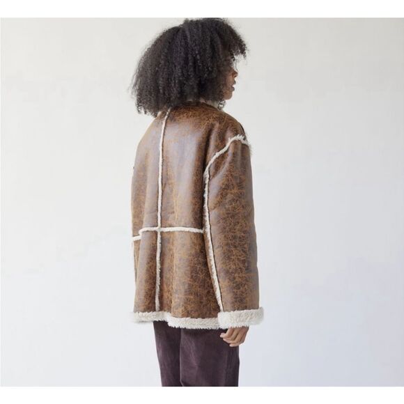UO Urban Outfitters Faux Suede Sherpa Jacket size S Brown Button Front - Picture 3 of 12